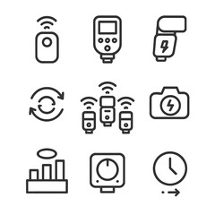 Wireless Flash Icons. Outline icon set of wireless flash features: remote trigger, signal transmitter, receiver, sync signal,