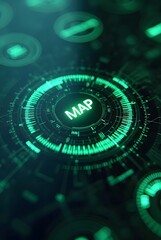 A vibrant green digital map interface showcases a futuristic design, vertical composition. Its concentric circles and glowing elements create a captivating visual effect, perfect for technology.