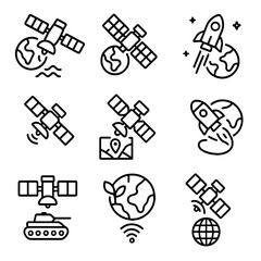 Low Earth Orbit Icons. Outline icon set of low Earth orbit applications: weather monitoring, Earth imaging, scientific research,