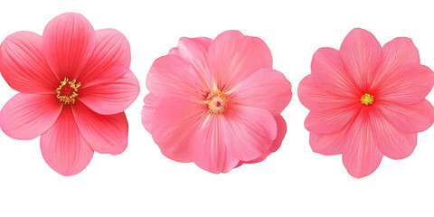 Three pink flowers close up view on transparent png background