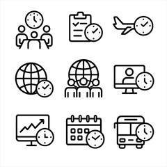 World Clock Icon Set. Outline icon set of world clock usage scenarios: business meeting, travel schedule, flight time,