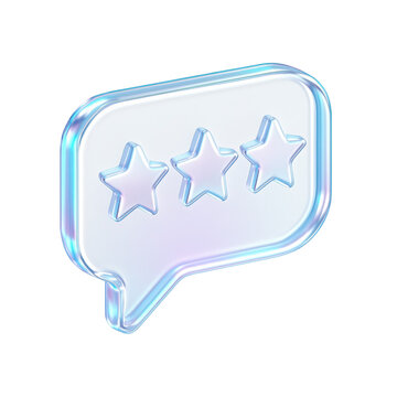 translucent three stars icon inside a chat bubble representing feedback and reviews in a modern and glossy design suitable for user experience and digital communication concepts