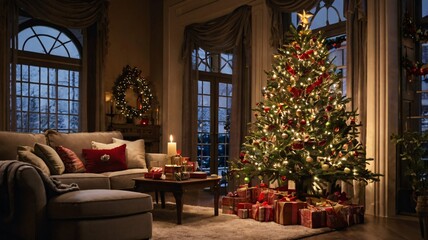 Christmas Decorations and Tree Indoors in a Cozy Holiday Setting