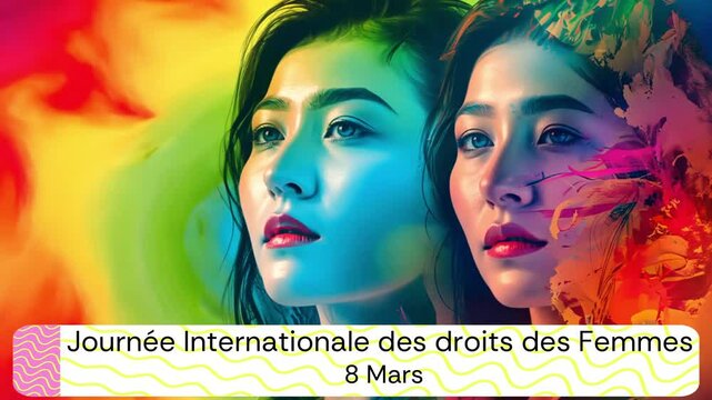 Texte en fran&ccedil;ais "Journ&eacute;e Internationale des droits des Femmes &ndash; 8 mars", deux femmes au regard d&eacute;termin&eacute; sur fond color&eacute; abstrait, c&eacute;l&eacute;bration engag&eacute;e avec espace n&eacute;gatif copyspace