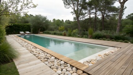 Clean lined pool framed by wooden decking and light natural stones surrounded by nature
