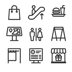 Mall Items Icons. Outline icon set of shopping mall items: shopping bag, escalator, food court tray, map kiosk, restroom sign,
