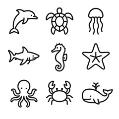 Fototapeta premium Marine Animal Icons. Outline icon set of marine animals: dolphin, sea turtle, jellyfish, shark, seahorse, starfish, octopus, crab,