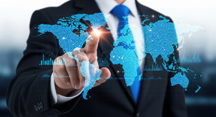  a businessman in a suit touches a digital world map interface, representing global business, technology, and interconnectedness