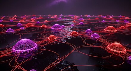 Abstract Neural Network Visualization With Connected Illuminated Spheres And Flowing Lines