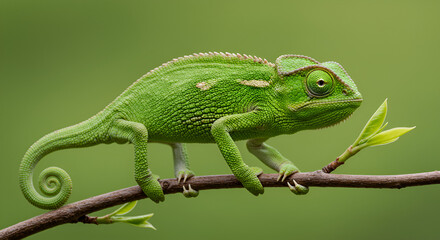 Obraz premium Green chameleon climbing a branch with green background. Detailed skin texture and curled tail clearly visible.