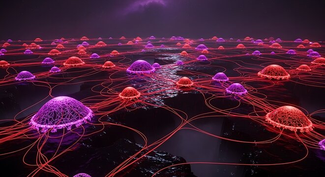 Abstract Neural Network Visualization With Connected Illuminated Spheres And Flowing Lines - Powered by Adobe