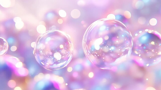 Colorful soap bubbles rise and drift in a dreamy pastel background, creating a whimsical atmosphere