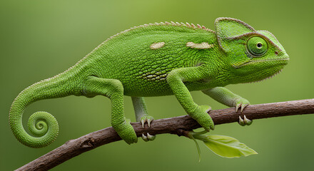 Fototapeta premium Green chameleon climbing a branch with green background. Detailed skin texture and curled tail clearly visible.