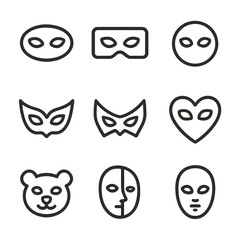 Mask Icon Set. Outline icon set of mask shapes: oval, rectangular, round, pointed, angular, heart-shaped, animal face, half-face,
