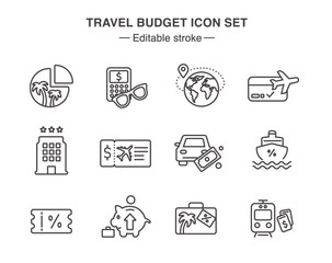 Travel budget icons , Adobe Illustrator Artwork with editable stroke. Saving for vacation.
