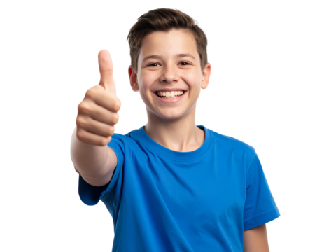 A boy in a blue t-shirt is smiling and giving a thumbs-up gesture, with isolated on transparent background.