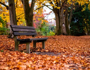 Autumn park bench, fallen leaves