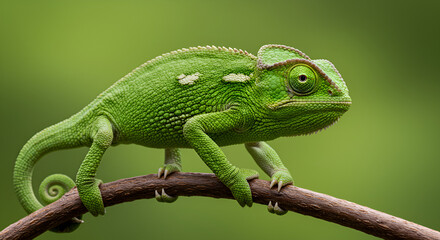 Obraz premium Green chameleon climbing a branch with green background. Detailed skin texture and curled tail clearly visible.