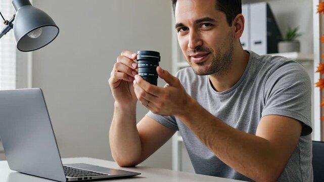 Photographer Reviewing Camera Lens at Desk - Powered by Adobe