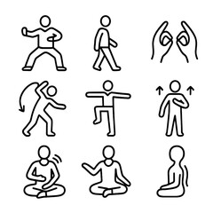 Meditative Movement Icons. Outline icon set of meditative movement: tai chi stance, slow walk, hand mudras, body flow, balance