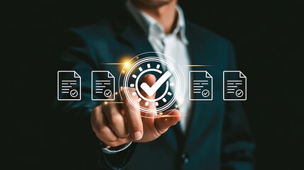 Businessman s hand touching a digital interface displaying a checklist with a verified checkmark and document icons representing approval and compliance