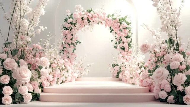Soft pink flower arch with rose and delicate blossom decoration on elegant white staircase, creating romantic and elegant floral setting perfect for weddings and special celebrations