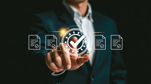 Businessman s hand touching a digital interface displaying a checklist with a verified checkmark and document icons representing approval and compliance