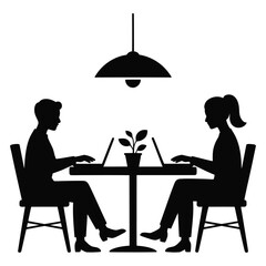 Fototapeta premium People working on laptops at a table with a plant and lamp woman