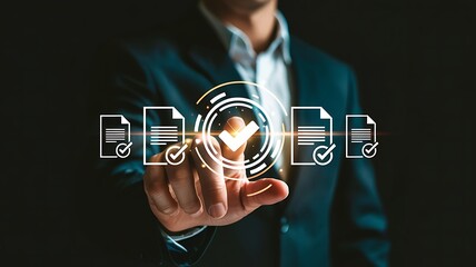 Businessman touching a digital interface displaying verified documents and a glowing profile icon representing successful approval
