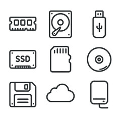 Memory Devices Icon Set. Outline icon set of memory devices: RAM chip, hard drive, USB flash drive, SSD, memory card, CD, floppy
