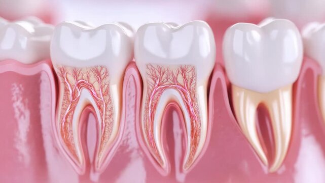 Tooth anatomy cross section showing enamel dentin pulp root structure with healthy gum detailed medical dental illustration close up 3D view highlighting internal structure nerves blood vessels