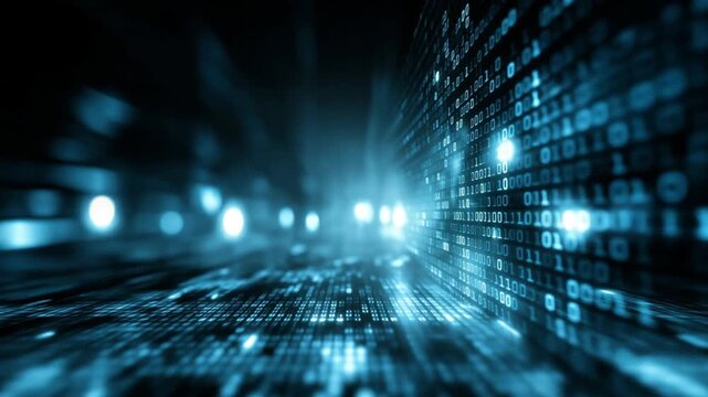 Abstract digital background with glowing blue binary code particles  