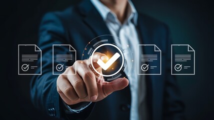 Businessman s finger touching a glowing checkmark icon surrounded by digital documents representing successful verification and approval processes