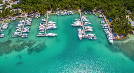 Ai generated image of aerial view of a tropical marina filled with yachts and boats