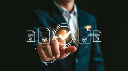 Businessman s finger taps a glowing digital checkmark on a document interface representing approval and verification