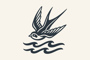 Swallow over waves black engraving vector illustration