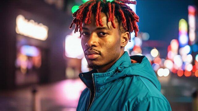 Man with red dreadlocks in city lights
