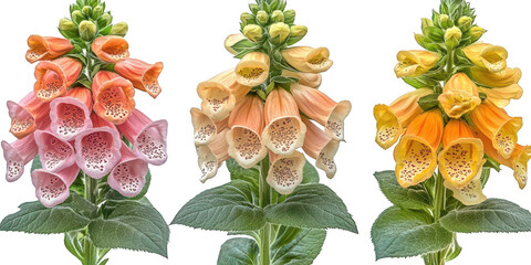 Three foxglove flower stalks isolated on transparent png background