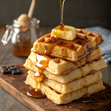 A tall stack of golden waffles drizzled with rich syrup and topped with fresh berries, creating a mouthwatering and indulgent breakfast.