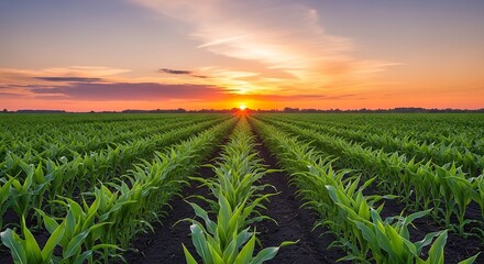 Lush cornfield at sunset.