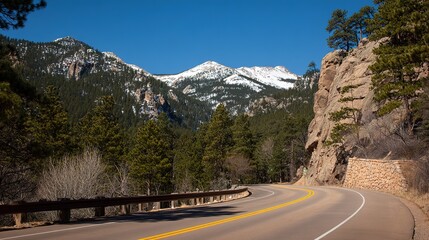 Naklejka premium Winding Pass Road and Snowy Mountain Peaks – Serpentine Path Cutting Through Frosted Slopes, Towering Peaks Cloaked in Snow Under Clear Skies