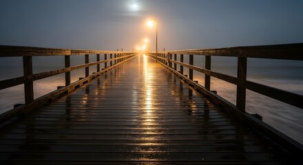 Obraz premium Wooden Pier at Night with Fog and Golden Streetlights