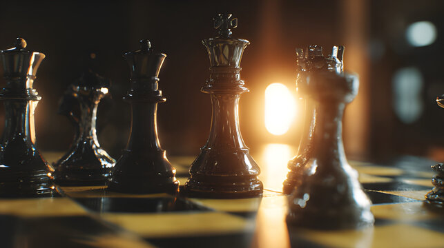 Sunlit win-lose strategy chess board with chess pieces on chessboard game play
