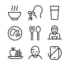 Mindful Eating Icons. Outline icon set of mindful eating: bowl with steam, slow bite, glass of water, food portion, fork and spoon