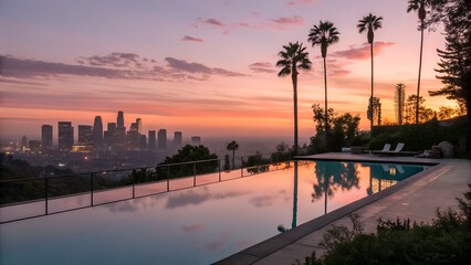 Fototapeta premium A Retro Pink Sunset Hues Over the Los Angeles Skyline Reflecting in a Serene Swimming Pool