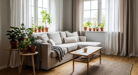 Aesthetic interior design showcasing natural light and indoor greenery, creating a tranquil and