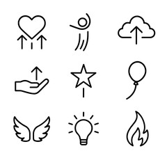 Elevate Emotions Icon Set. Outline icon set of elevate emotions: uplifting heart, rising spirit, soaring hope, lifting hand,