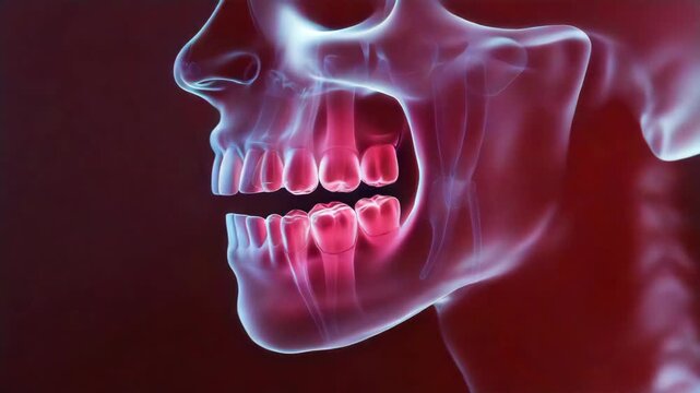 Jaw teeth molar anatomy pain dental skull bone medical detailed glowing illustration showing jawbone structure molars incisors premolars canine oral health transparent skull dental care tooth roots