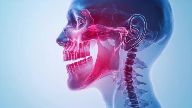 Human skull anatomy jawbone cervical spine transparent head medical illustration detailed bone structure side view skeletal system head and neck highlighted blue pink teeth