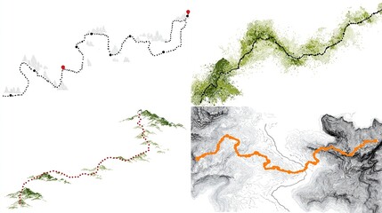 Four stylized maps depict mountain paths one detailed, others abstract in grayscale, color, & contour